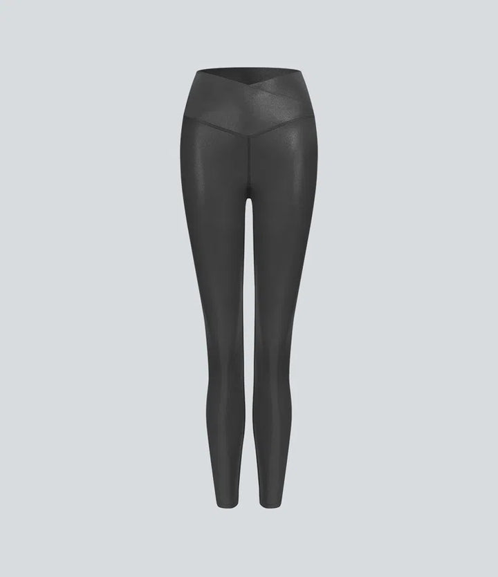 SoftlyZero Faux Leather Crossover Pocket Foil Print Stretchy Casual Leggings