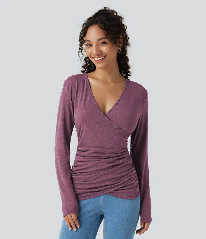 V Neck Long Sleeve Ruched Casual Top