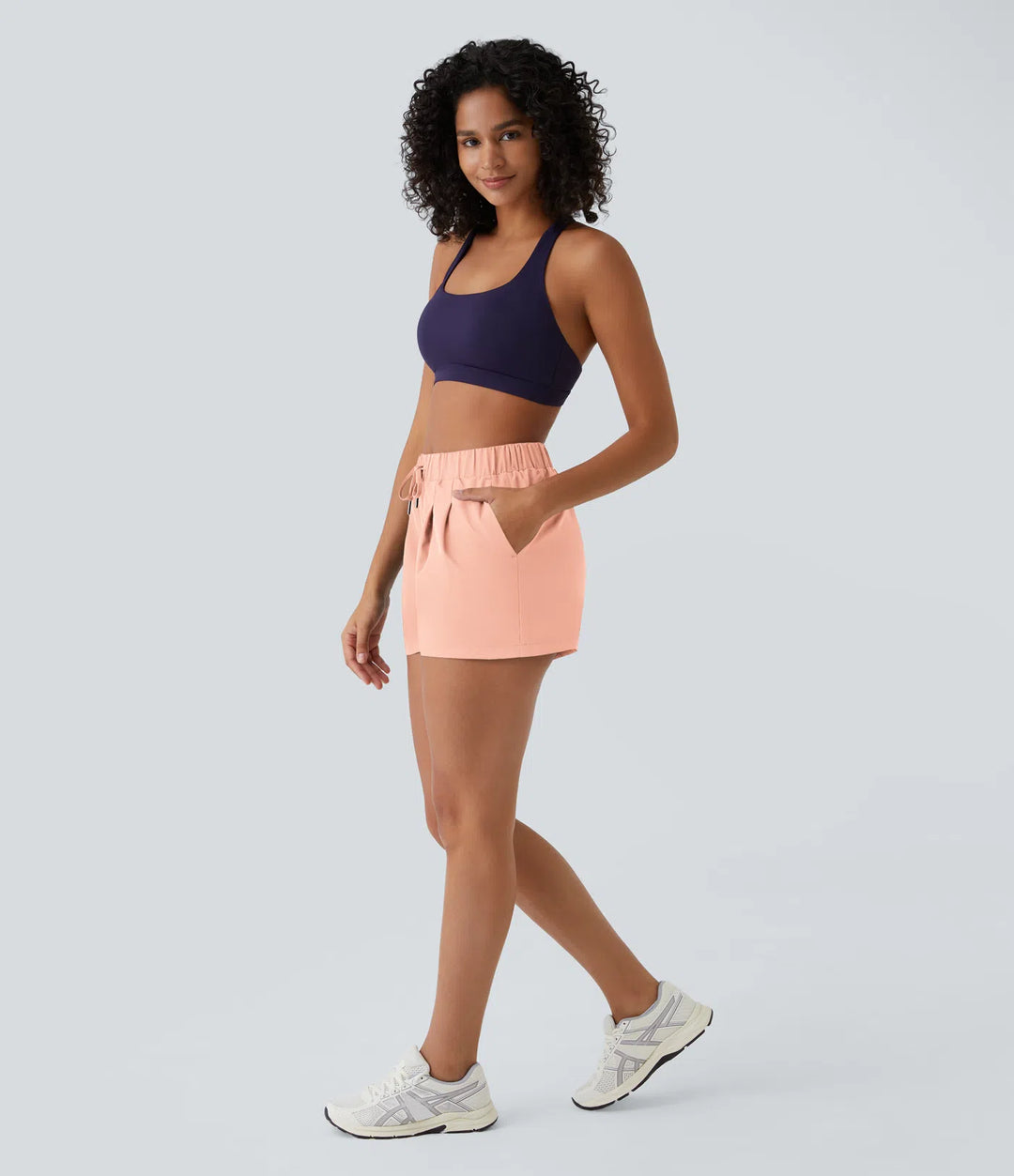 High Waisted Elastic Waistband Drawstring Pleated Yoga Shorts 3" with Pockets