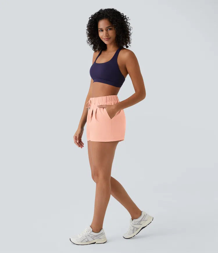 High Waisted Elastic Waistband Drawstring Pleated Yoga Shorts 3" with Pockets