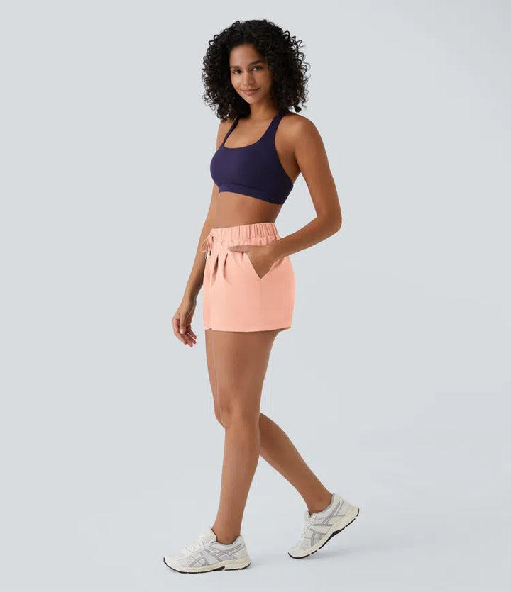 High Waisted Elastic Waistband Drawstring Pleated Yoga Shorts 3" with Pockets