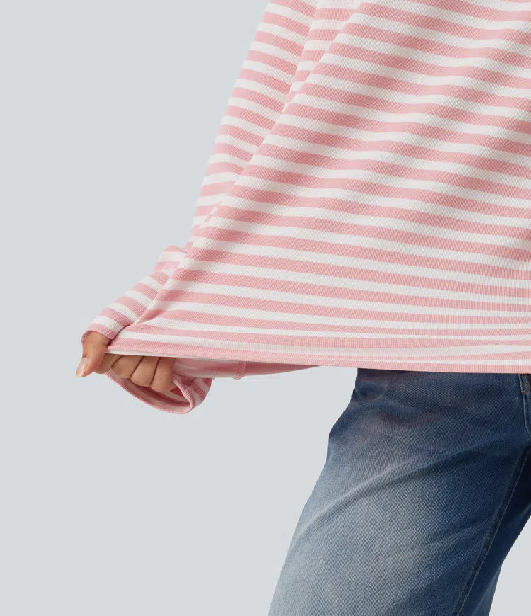 Round Neck Long Sleeve Stripe Waffle Casual Top