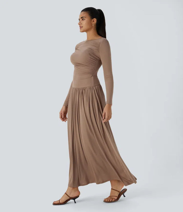 Ribbed Boat Neck Long Sleeve Ruched Pocket Flowy Maxi Casual Dress
