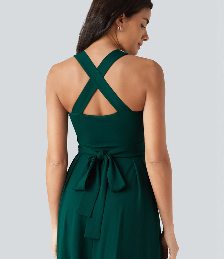 Sweetheart Neck Sleeveless Crisscross Tie-back Midi Casual Flowy Dress with Pockets
