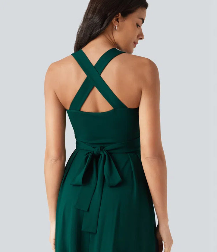 Sweetheart Neck Sleeveless Crisscross Tie-back Midi Casual Flowy Dress with Pockets