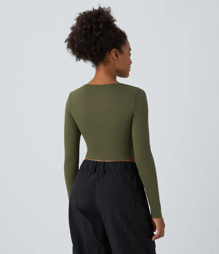 DayStretch Round Neck Long Sleeve Cut Out Ripped Skinny Cropped Casual Top