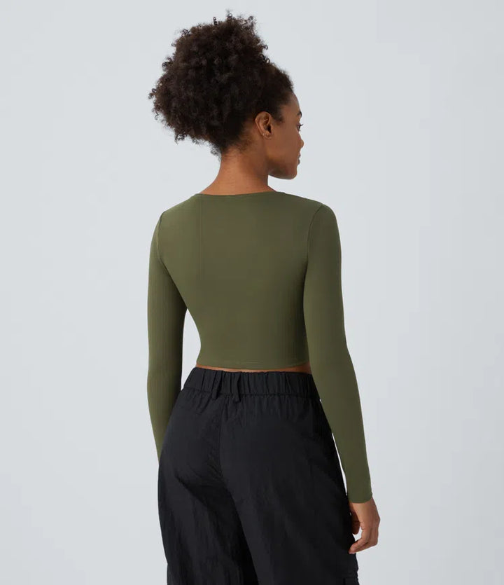 DayStretch Round Neck Long Sleeve Cut Out Ripped Skinny Cropped Casual Top