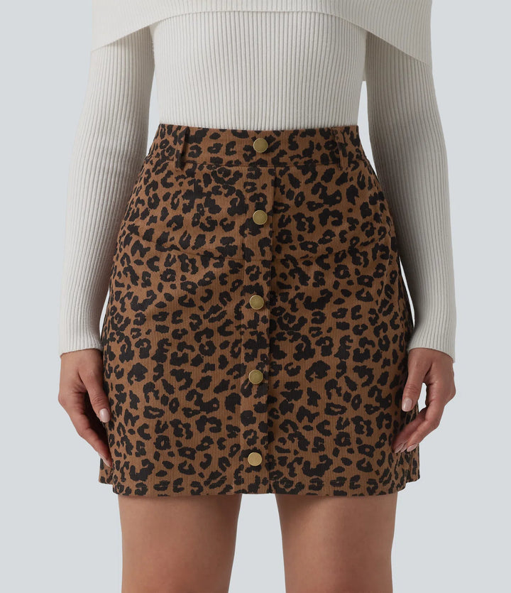 High Waisted 2-in-1 Leopard Print Mini Casual Skirt with Pocket-Longer Length