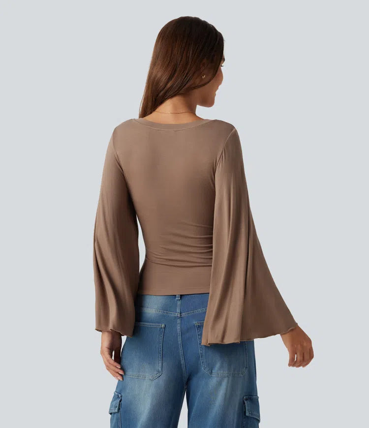 Ribbed V Neck Flounce Sleeve Ruched Casual T-Shirt