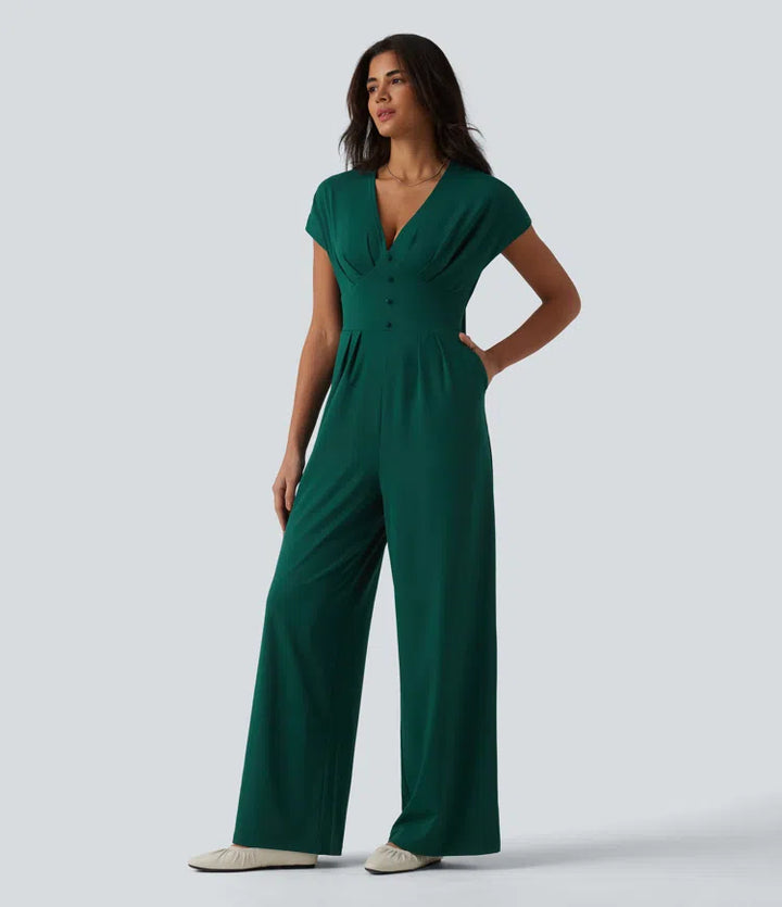 V Neck Short Sleeve Wide Leg Casual Jumpsuit with Pockets-Easy Peezy Edition