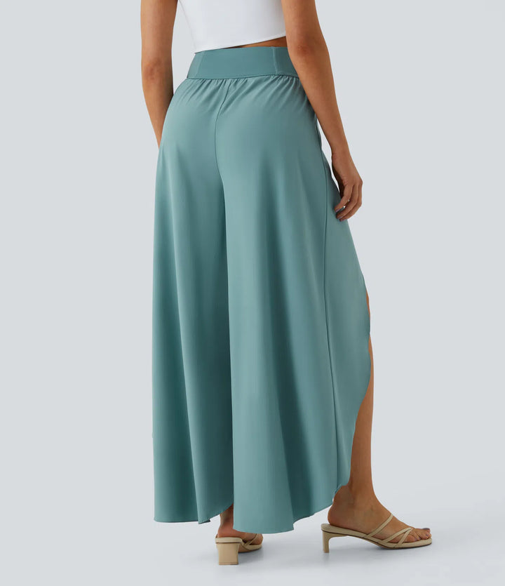 Breezeful High Waisted Back Waistband Pocket Palazzo Flowy Wide Leg Quick Dry Casual Pants