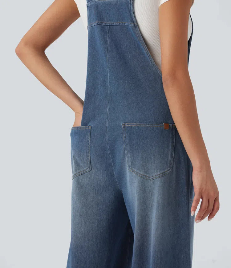 Halara Flex Square Neck Washed Denim Casual Overalls with Pockets
