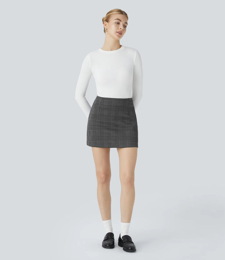 High Waisted 2-in-1 Houndstooth Plaid Mini Work Skirt