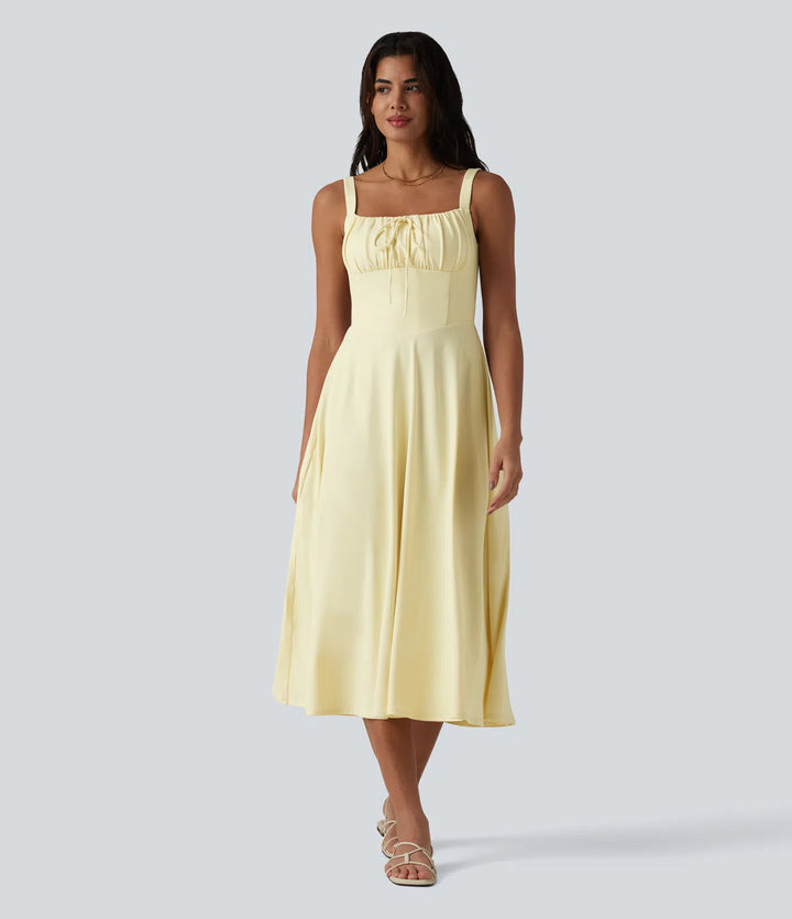 Crisscross Backless Square Neck Sleeveless Ruched Built-in Bra Midi Resort Flowy Milkmaid Dress
