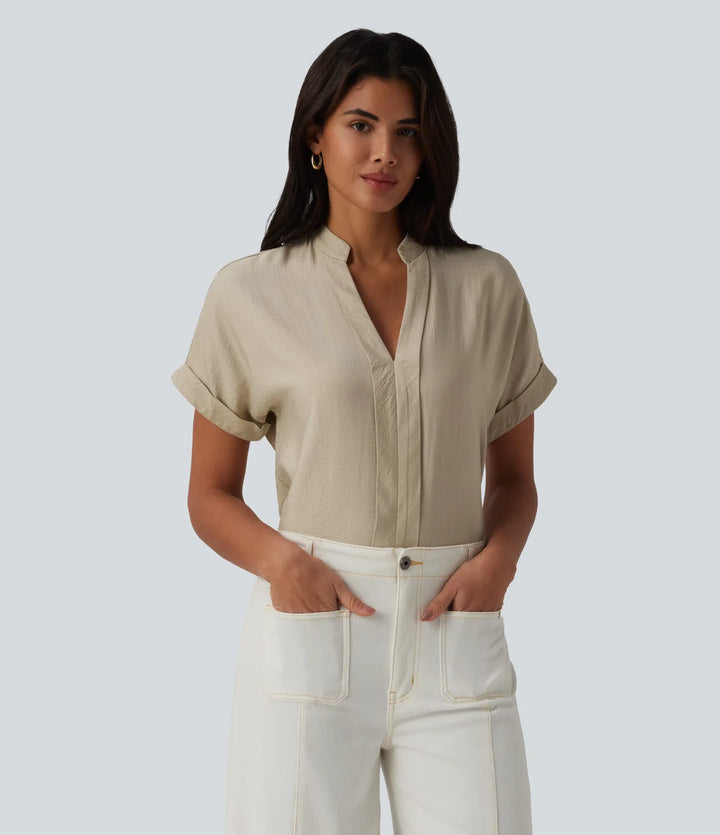 V Neck Short Sleeve Linen-Feel Work Shirt