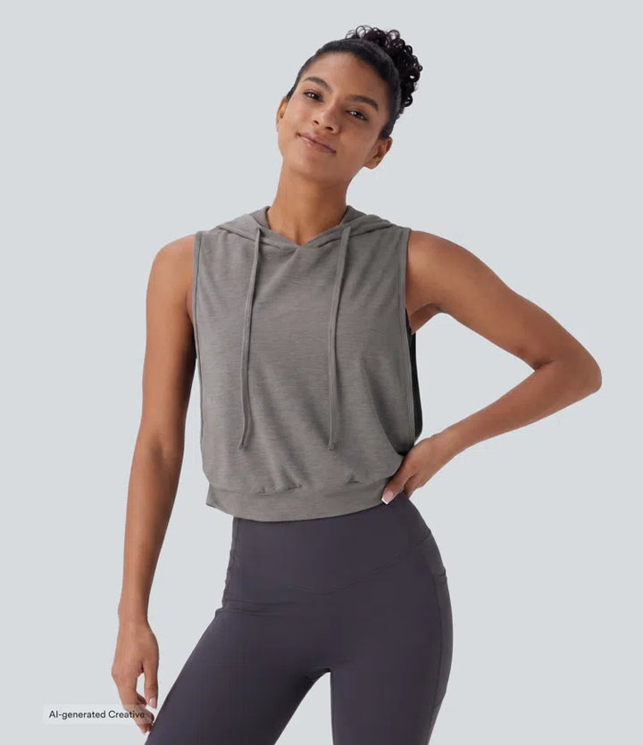 Hooded Drawstring Sleeveless Cropped Running Tank Top