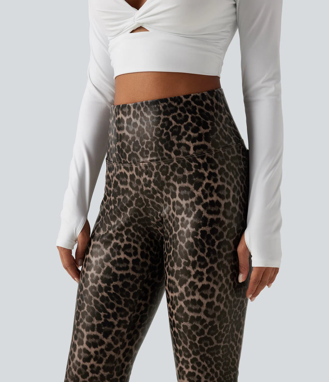 High Waisted Tummy Control Stretchy PU Leopard Print Skinny Casual Leggings with Pockets