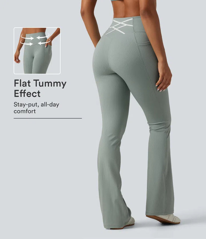 Ribbed Knit High Waisted Tummy Control Bootcut Workout Leggings with Pockets