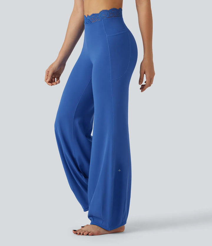 SoftlyZero High Waisted Contrast Lace Dance Balloon Pants with Pockets