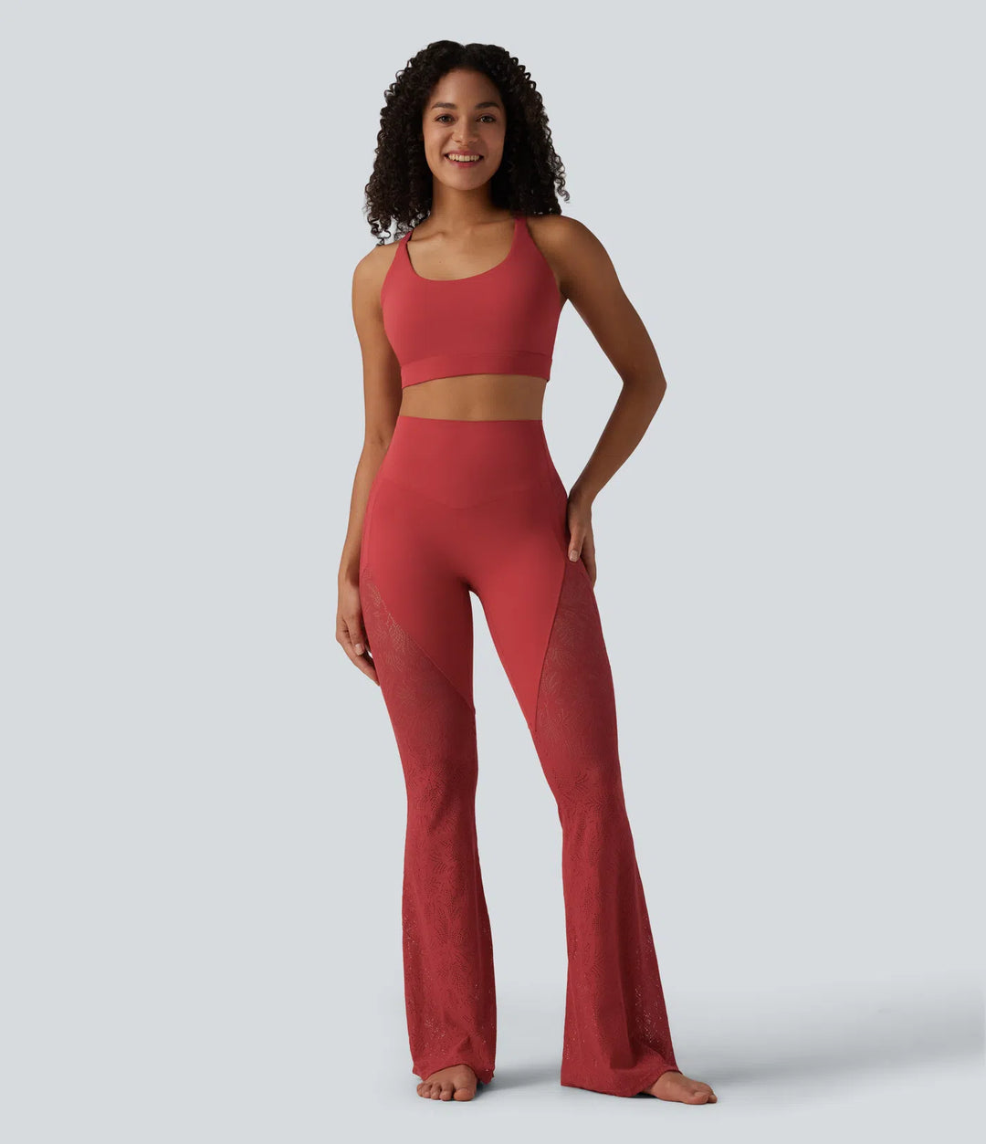 Halara UltraSculpt High Waisted Tummy Control Contrast Lace Yoga Flare Leggings with Pocket