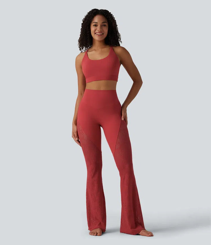 Halara UltraSculpt High Waisted Tummy Control Contrast Lace Yoga Flare Leggings with Pocket