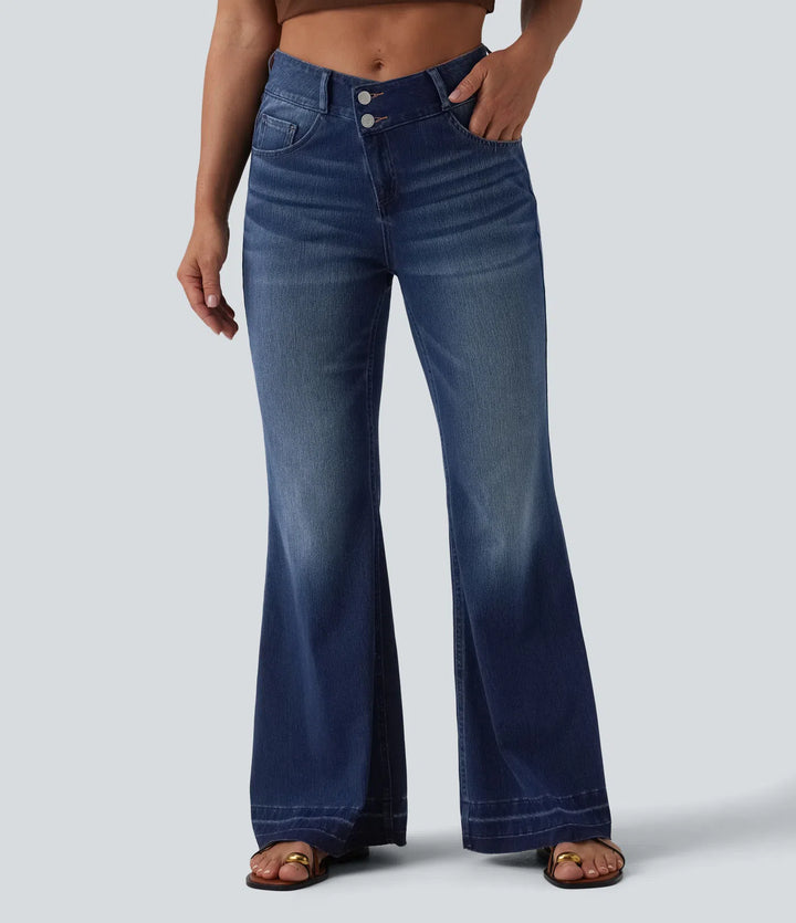 Halara Flex Asymmetric Mid Rise Casual Flare Jeans with Pockets