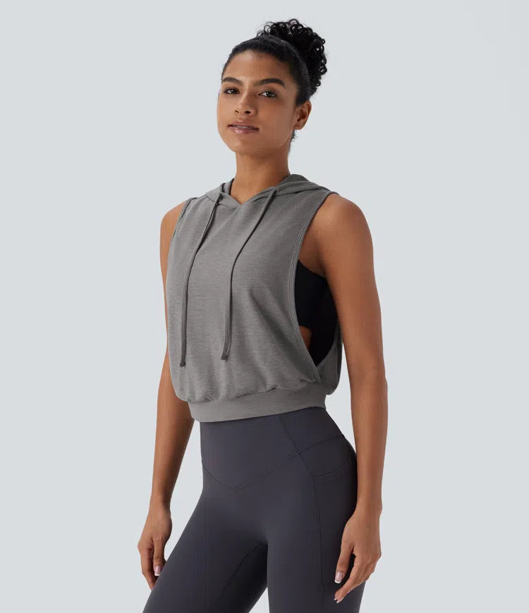 Hooded Drawstring Sleeveless Cropped Running Tank Top