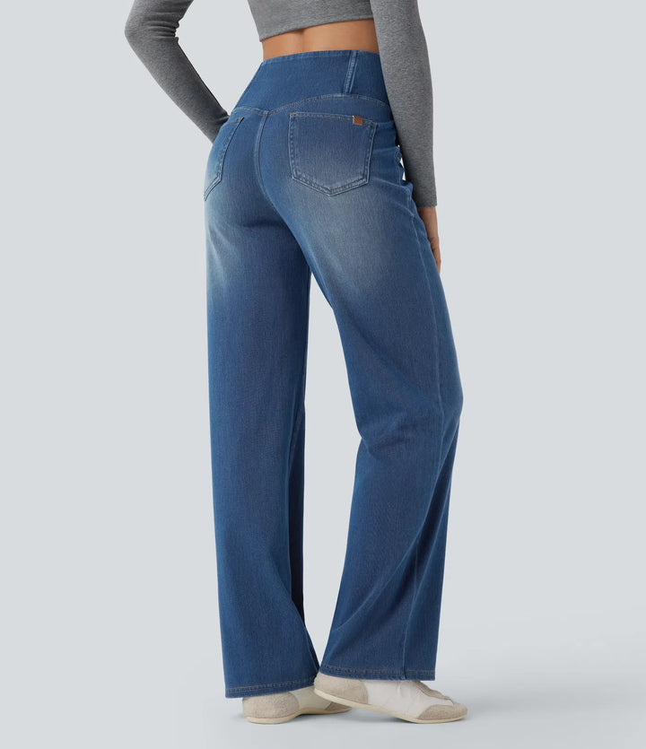 Halara Flex Crossover High Waisted Tummy Control Casual Straight Leg Jeans with Pockets