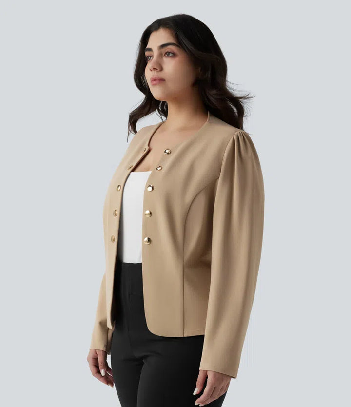 Plus Size Round Neck Long Sleeve Slim Work Blazer