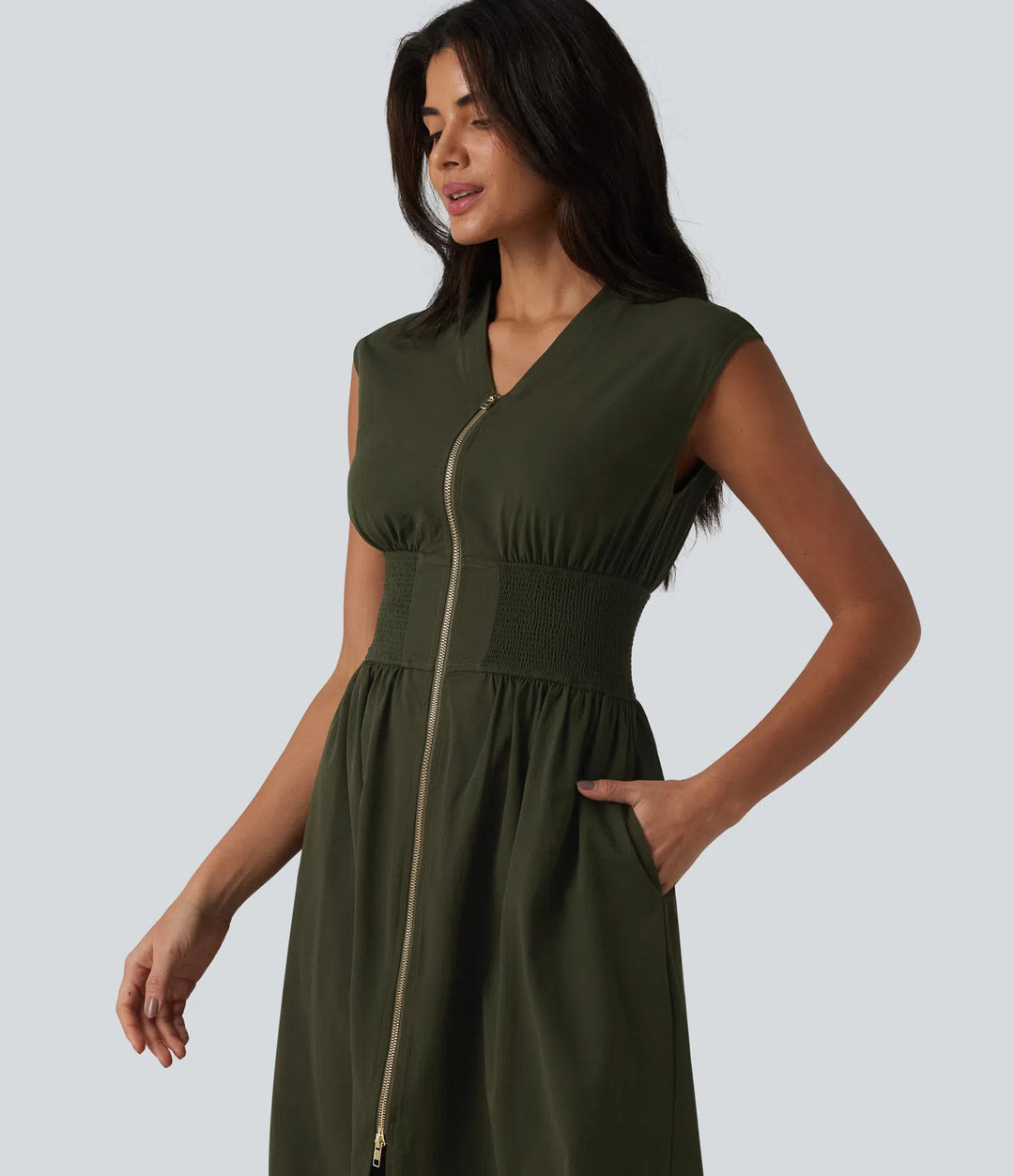 V Neck Sleeveless 2-Way Zipper Midi Work Dress with Pockets