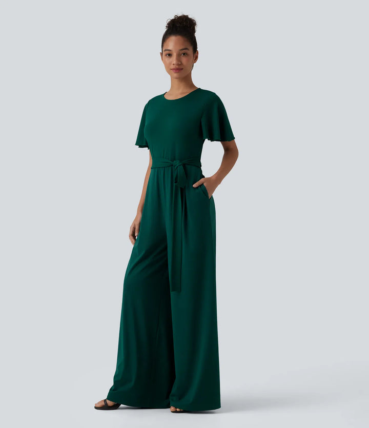 Round Neck Short Sleeve Tie Front Wide Leg Jumpsuit with Pockets-Easy Peezy Edition
