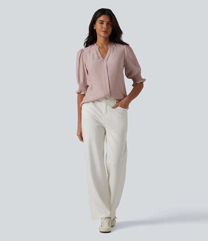 V Neck Puff Short Sleeve Casual Blouse