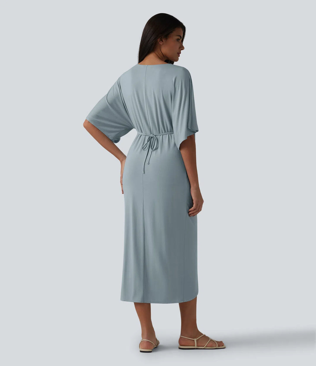 V-neck Batwing Sleeve Twisted Tulip Hem Midi Casual Dress