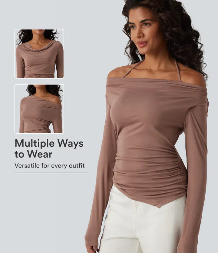 Ribbed Halter Off Shoulder Long Sleeve Ruched Asymmetric Hem Casual Top