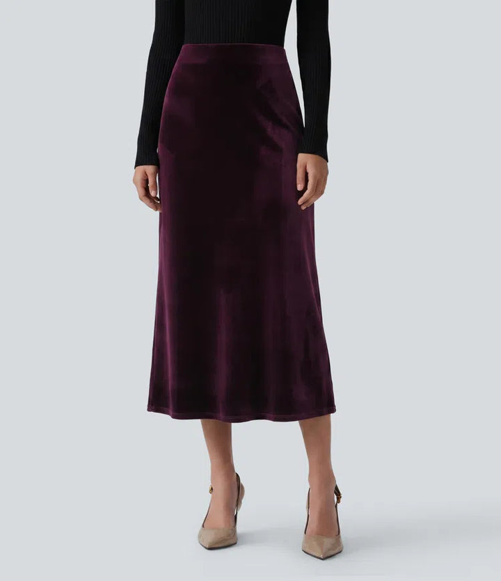 High Waisted Velvet Midi Work Skirt