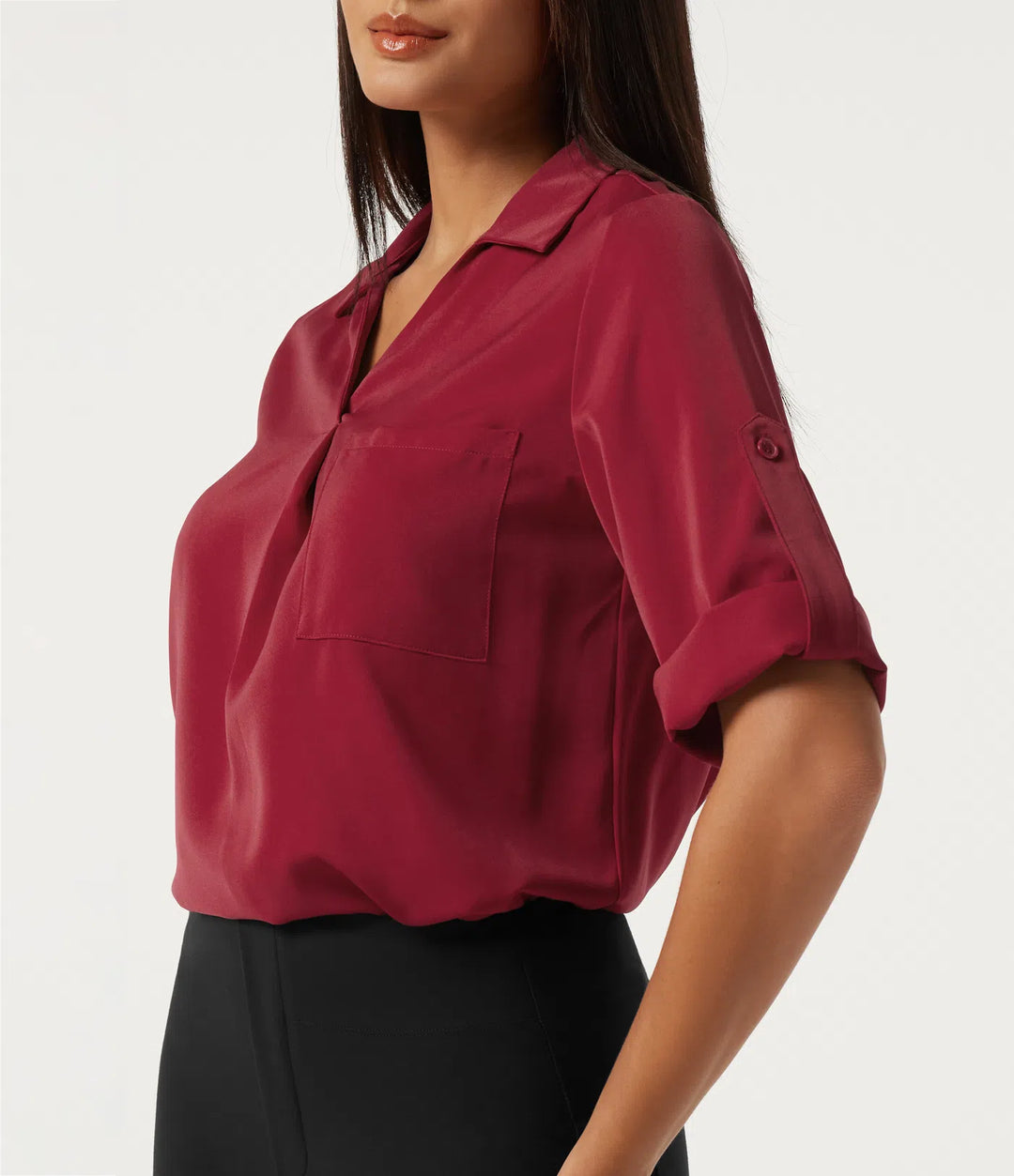 Wrinkle Recovery V Neck Long Sleeve Work Shirt with Pocket