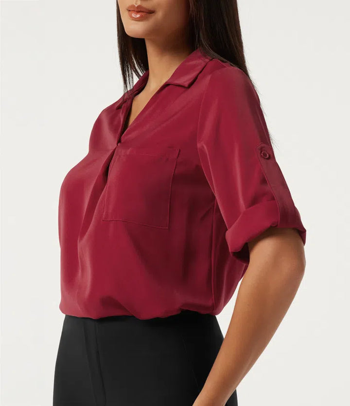 Wrinkle Recovery V Neck Long Sleeve Work Shirt with Pocket