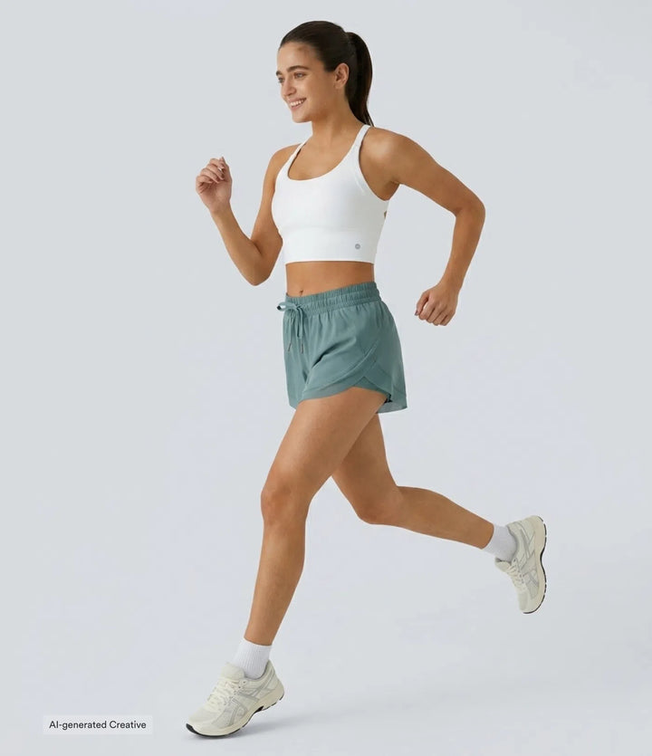 Mid Rise Drawstring Contrast Mesh 2-in-1 Flowy Running Shorts 3&