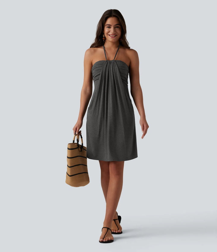 Halter Tie Back Built-in Bra Longer Mini Dress with Pockets