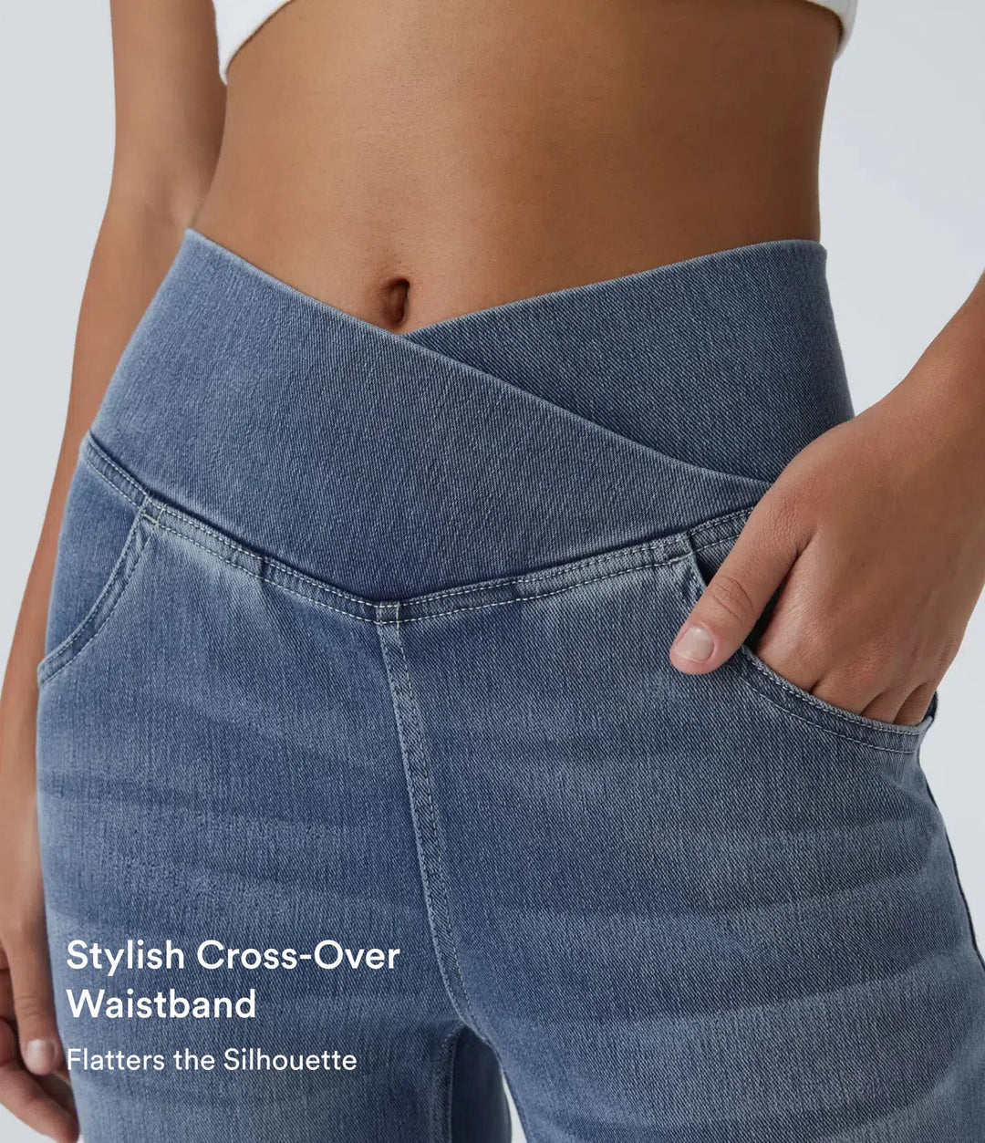 Halara Flex High Waisted Crossover Pocket Washed Casual Flare Jeans