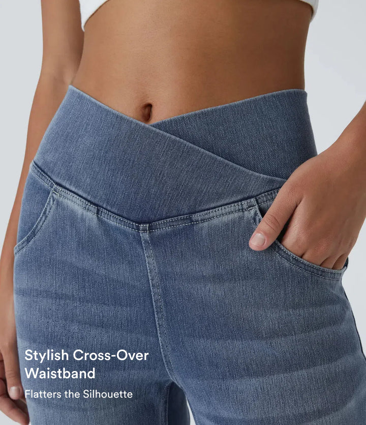 Halara Flex High Waisted Crossover Pocket Washed Casual Flare Jeans