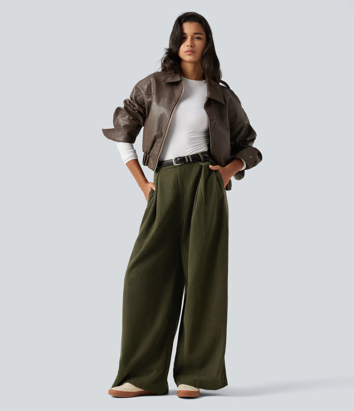 High Waisted Baggy Corduroy Casual Pants with Pockets