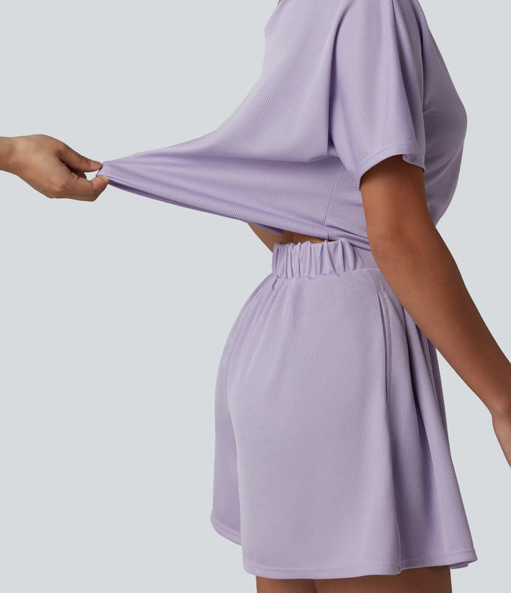 One Shoulder Short Sleeve Pleated Waffle Casual Romper with Pockets-Easy Peezy Edition