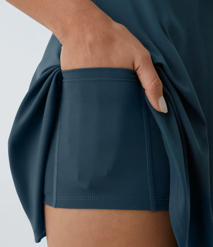 SoftlyZero Airy Backless Twisted Flare Low Support Dance Active Dress-Longer Length-Easy Peezy Edition A-D Cups