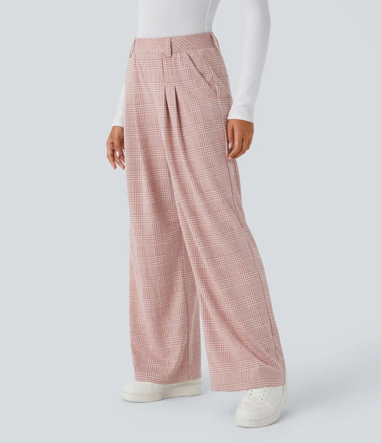 High Waisted Pocket Wide Leg Baggy Houndstooth Plaid Casual Pants