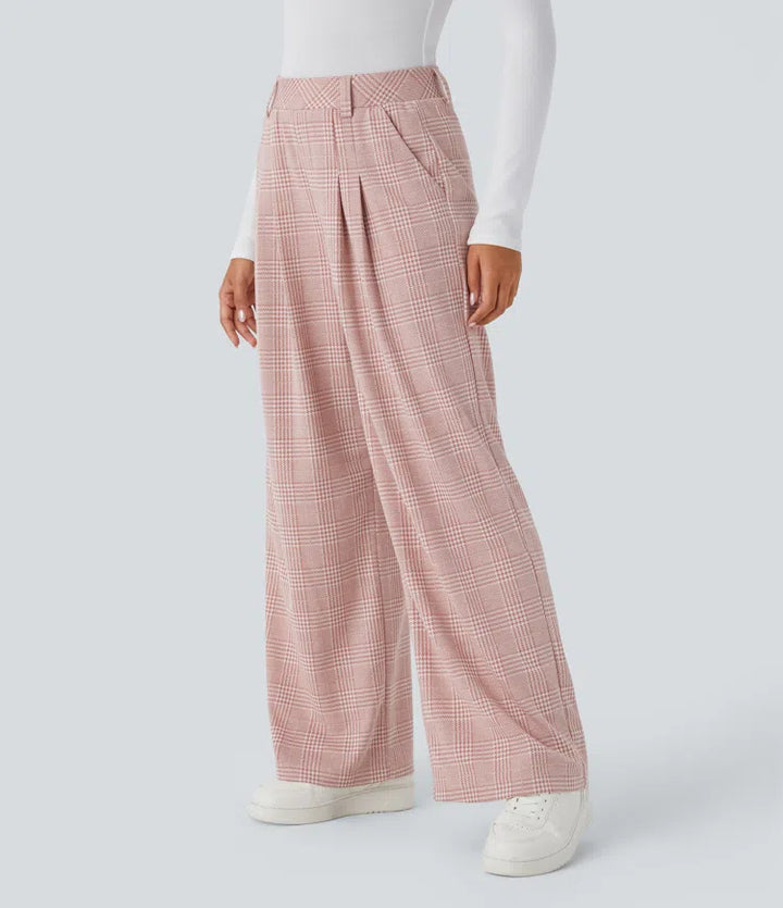 High Waisted Pocket Wide Leg Baggy Houndstooth Plaid Casual Pants