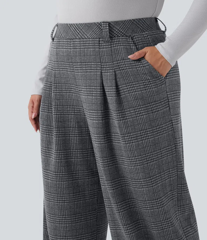 Plus Size High Waisted Wide Leg Houndstooth Plaid Casual Pants with Pockets