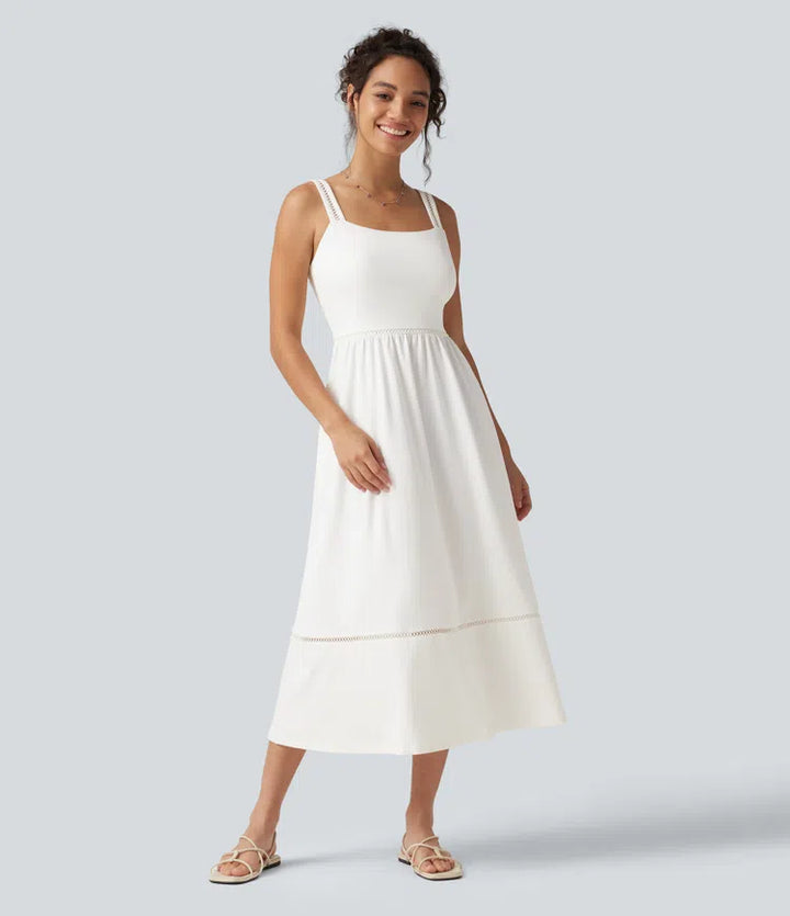 Square Neck Cut Out A-Line Flowy Midi Resort Tank Dress with Pockets