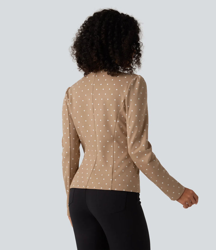 Round Neck Curved Hem Polka Dot Long Sleeve Work Blazer