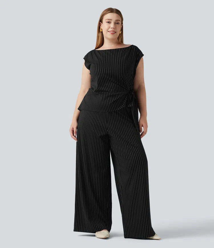 Plus Size Boat Neck Sleeveless Tie Side InstantCool Stripe Work Jumpsuit with Pockets-Easy Peezy Edition